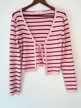 Pastel Pink Ribbed Knit Maroon Striped Cropped Cardigan Womens Large Feminine